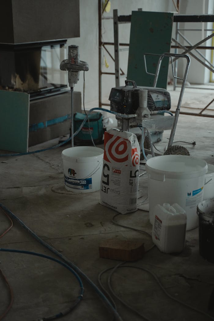 A detailed view of construction materials and machinery at an indoor site.